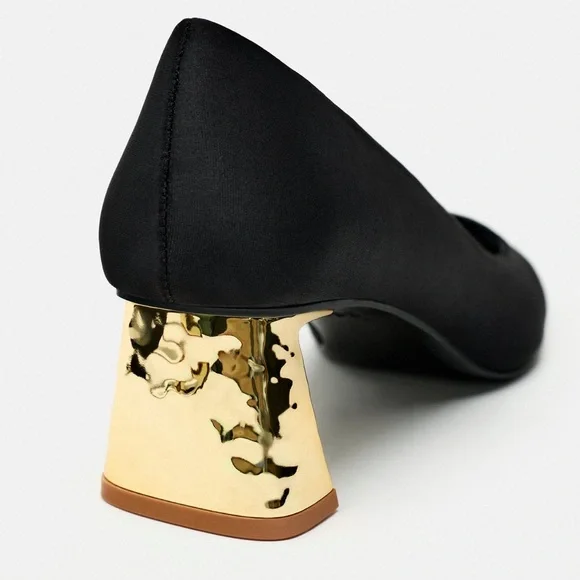 Zara Black Satin Heels With Metallic Gold Block Heel - Picture 3 of 11